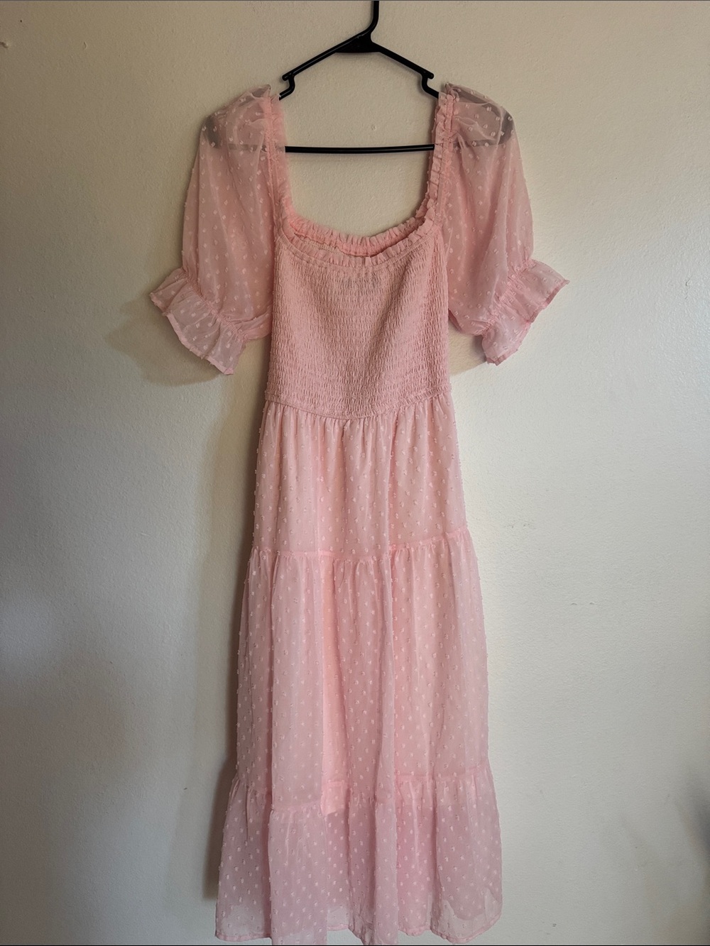 Pink Swiss Dot Smocked Midi Dress with Puff Sleeves